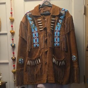 Embroidered Brown Leather Jacket with Blue Details